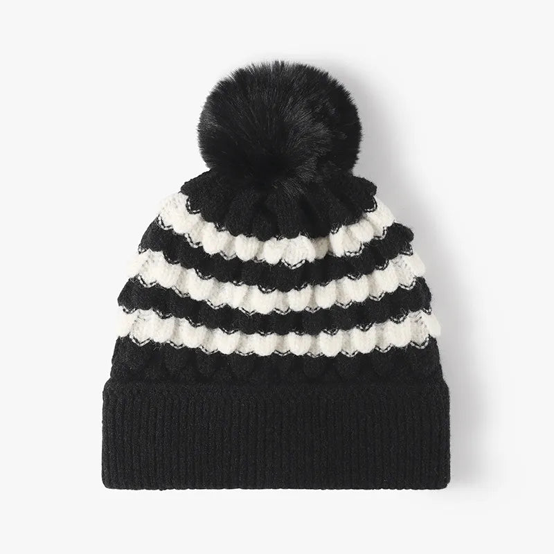 Striped Contrast Knit Hat with Pom-pom Black One Size Easy Apparels