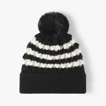 Striped Contrast Knit Hat with Pom-pom Black One Size Easy Apparels