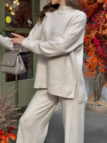 Slit Mock Neck Top and Pants Sweater Set Easy Apparels