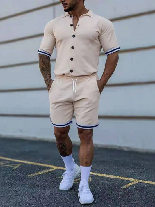 Men's Full Size Striped Hem Button Up Top and Shorts Set Plus Size Khaki Easy Apparels