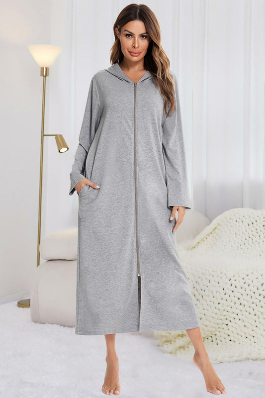 Zip Front Hooded Night Dress with Pockets Light Gray Easy Apparels