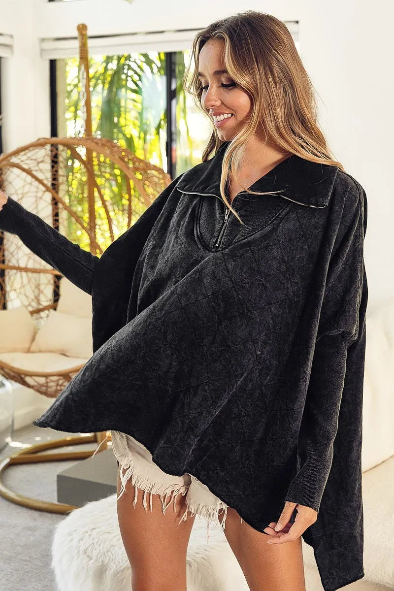 Trendsi BiBi Vintage Washed Quilted Half Zip Top