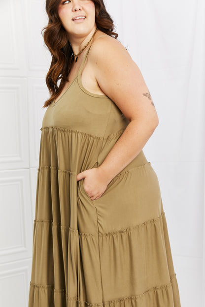 Zenana Full Size Spaghetti Strap Tiered Dress with Pockets in Khaki Easy Apparels