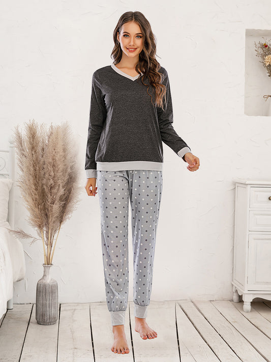 Long Sleeve Top and Polka Dot Pants Set Black Easy Apparels