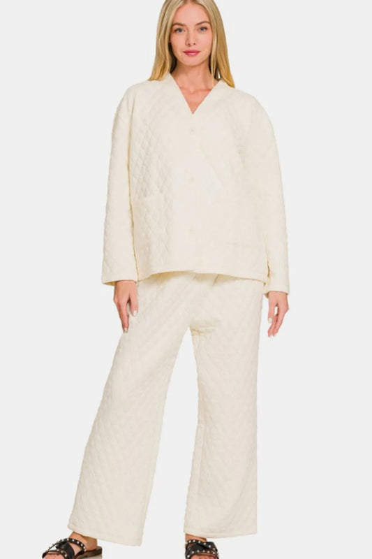 Zenana Quilted Button Up Long Sleeve Top and Pants Lounge Set Cream Easy Apparels