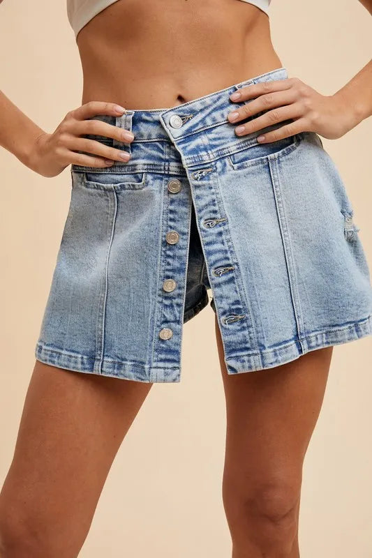 Annie Wear Button Detail Stretch Denim Wrap Mini Skort MEDIUM WASHED DENIM Easy Apparels