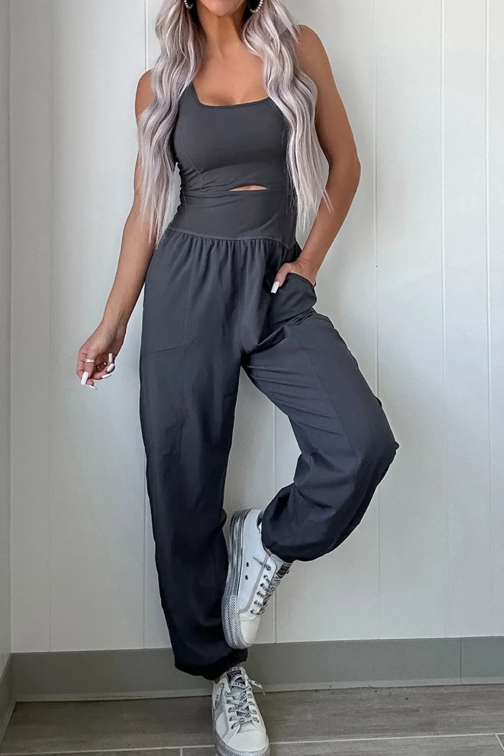 Cutout Square Neck Wide Strap Active Jumpsuit Easy Apparels