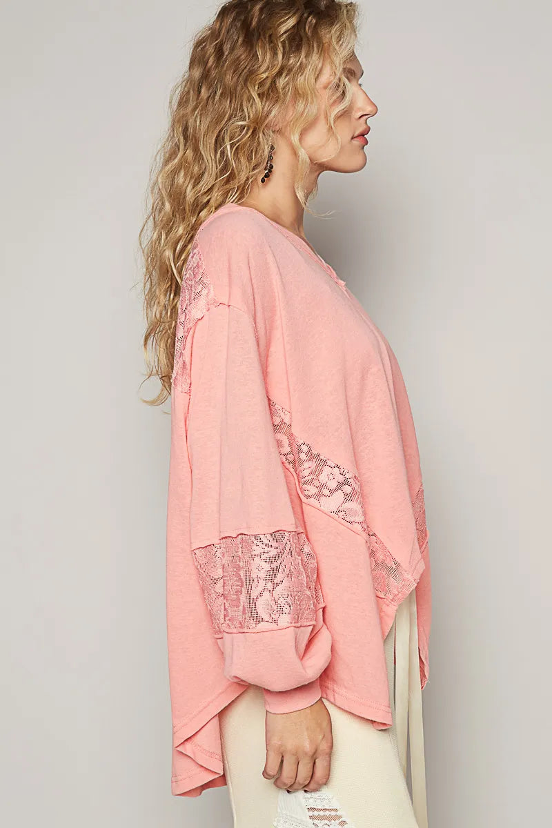 Trendsi POL V-Neck Long Sleeve T-Shirt with Lace Detail
