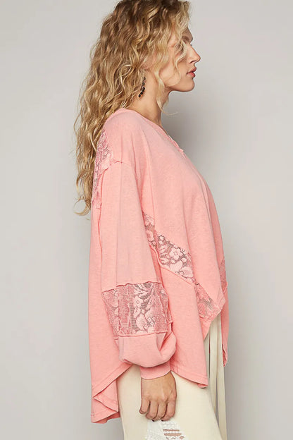 Trendsi POL V-Neck Long Sleeve T-Shirt with Lace Detail