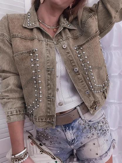 Studded Button Up Denim Jacket Khaki Easy Apparels