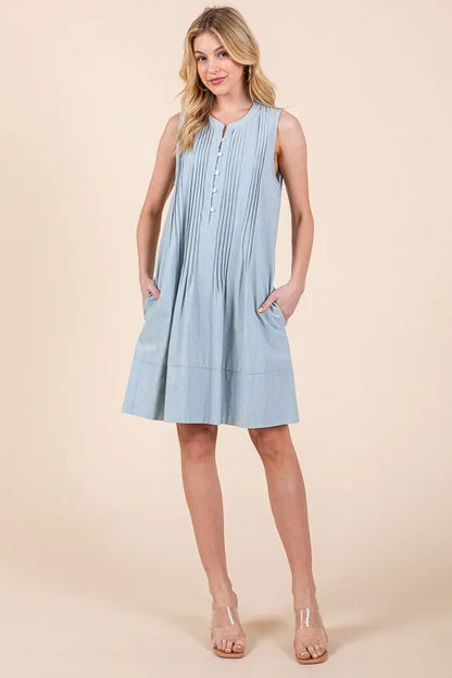 Lime 'N' Chili Denim Pintuck Detail Sleeveless Midi Dress Easy Apparels