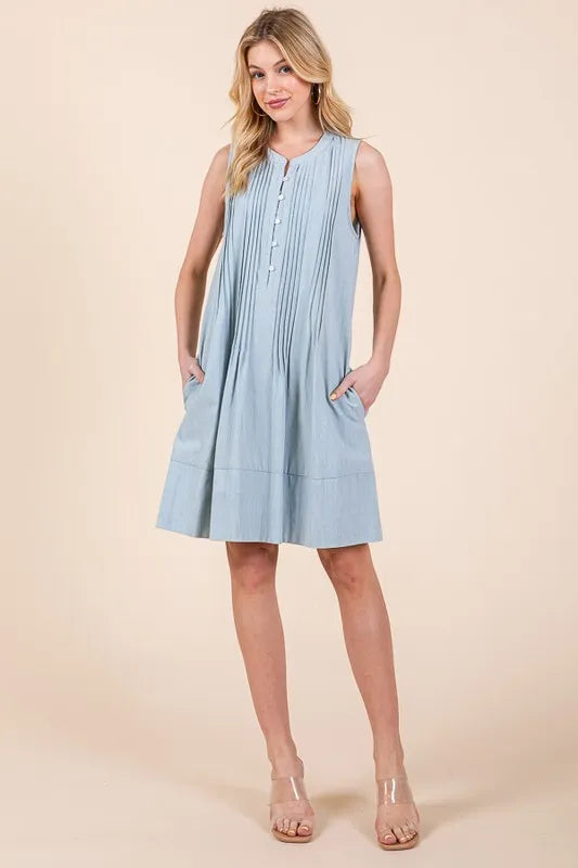 Lime 'N' Chili Denim Pintuck Detail Sleeveless Midi Dress Easy Apparels