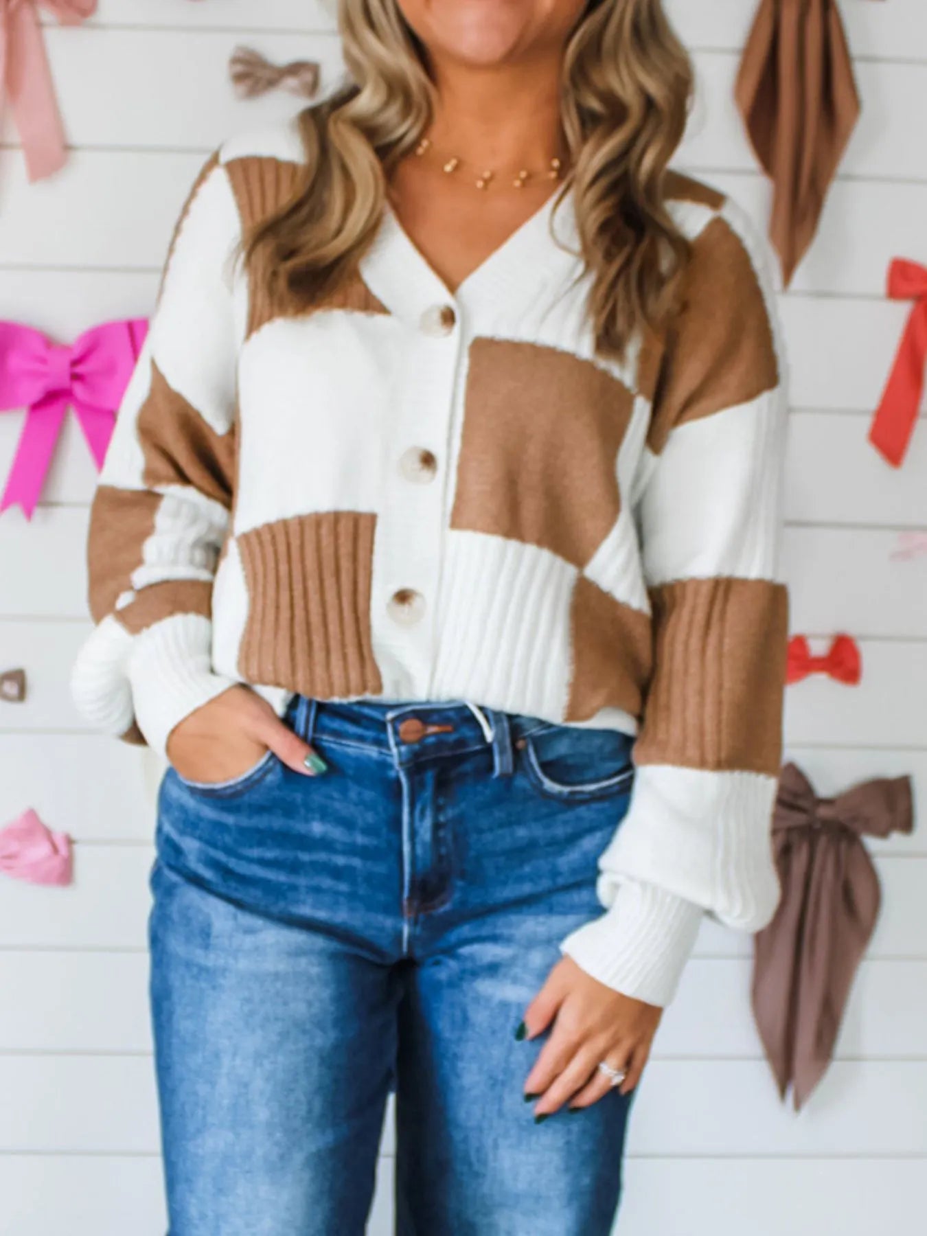 Color Block Knit Button-Up Cardigan Easy Apparels