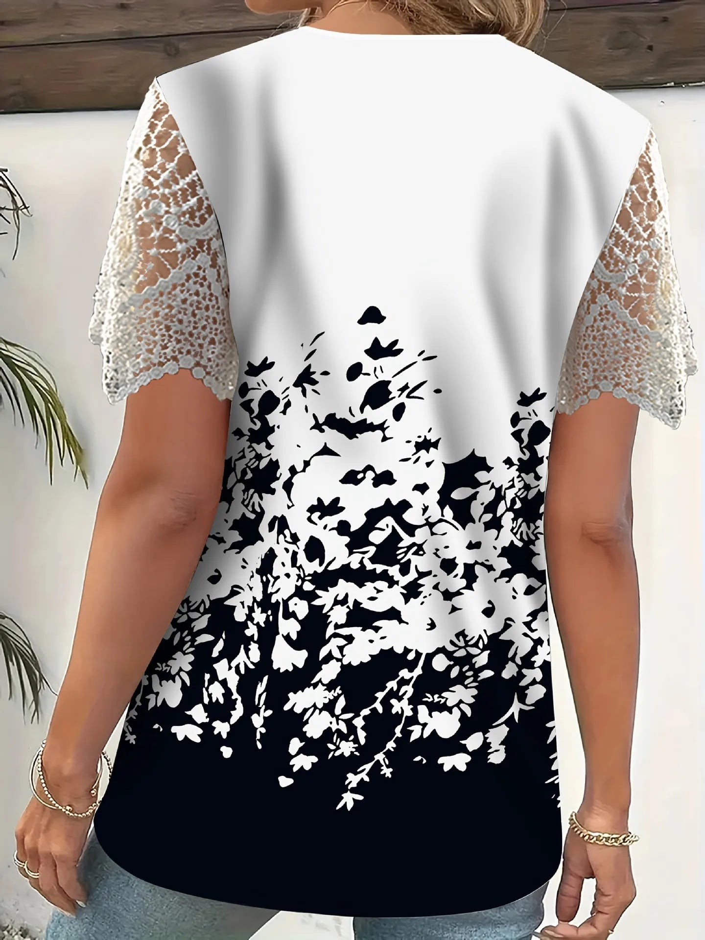 Trendsi Full Size Printed Lace Sleeve V-Neck T-Shirt Plus Size