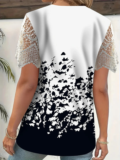 Trendsi Full Size Printed Lace Sleeve V-Neck T-Shirt Plus Size