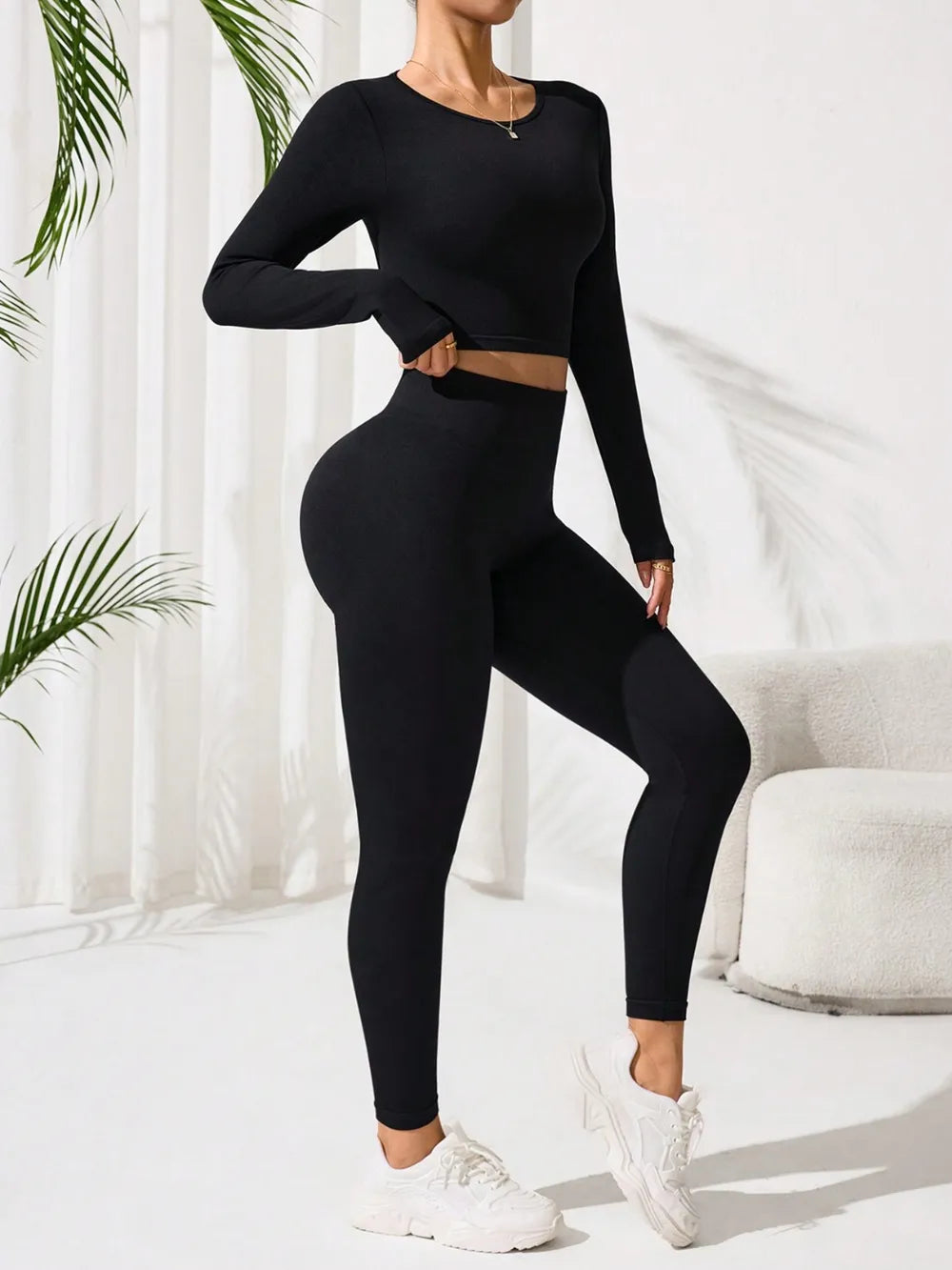 Lace-Up Back Round Neck Top and Leggings Active Set Easy Apparels