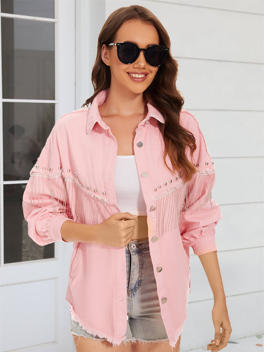 Raw Hem Fringe Detail Denim Jacket Dusty Pink Easy Apparels