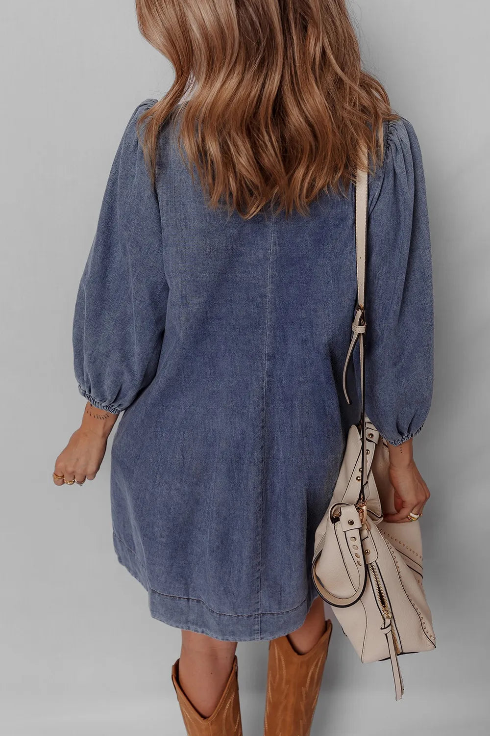 Tie Neck Long Sleeve Mini Denim Dress Easy Apparels