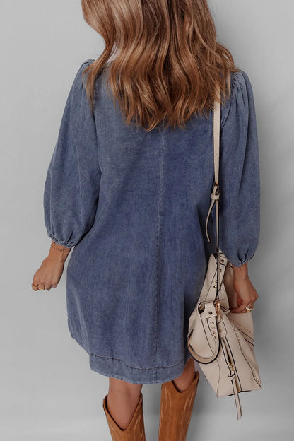 Tie Neck Long Sleeve Mini Denim Dress Easy Apparels