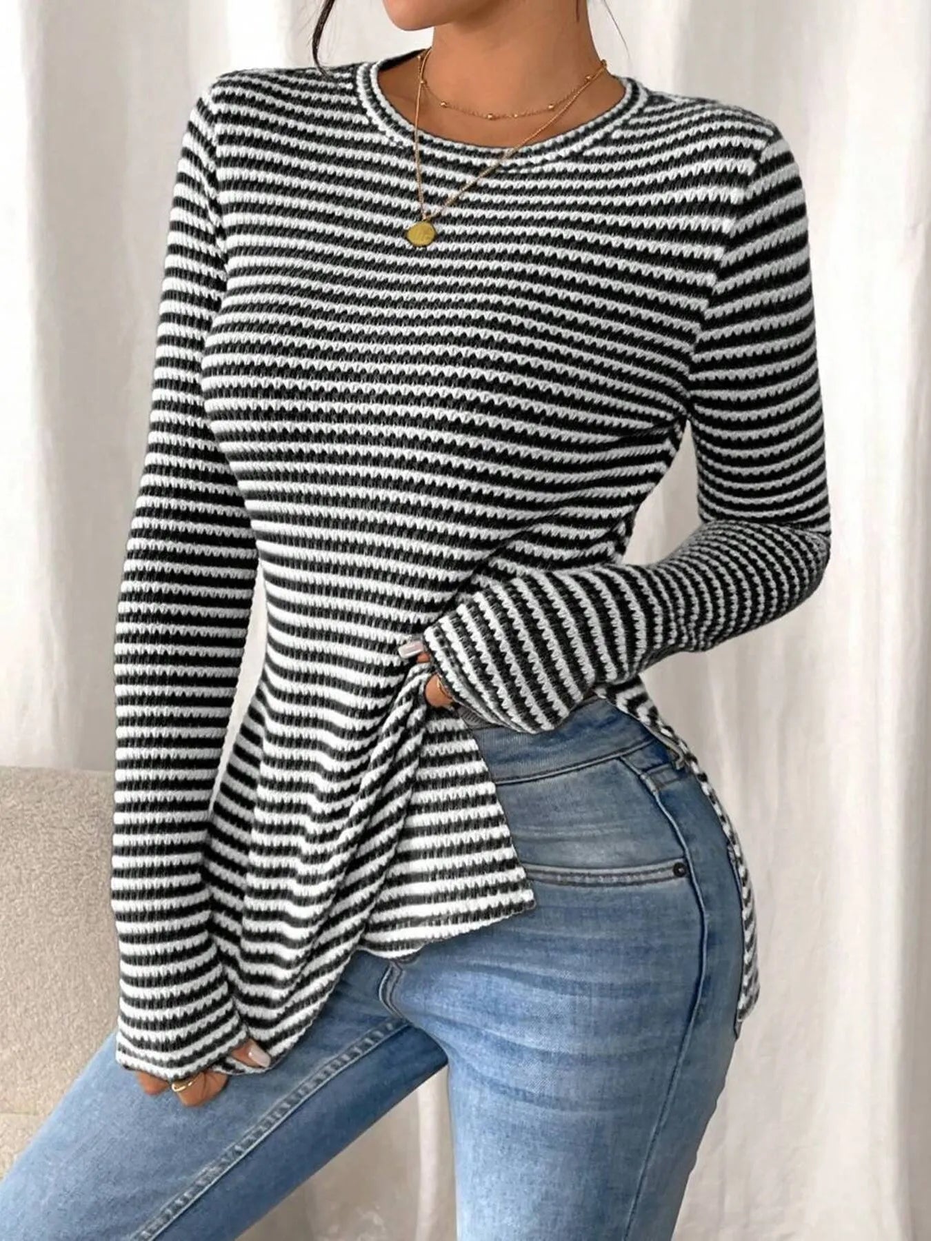 Trendsi Side Slit Striped Long Sleeve T-Shirt