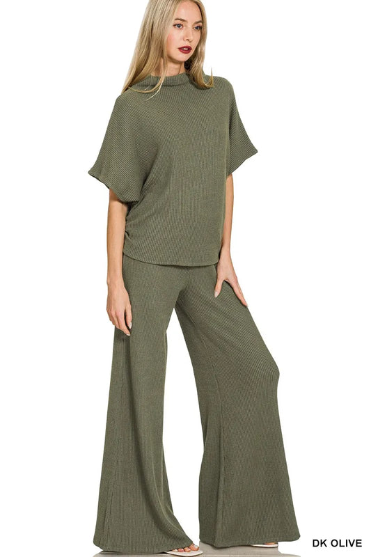 Zenana Mock Neck Top and Pants Sweater Set DK OLIVE Easy Apparels
