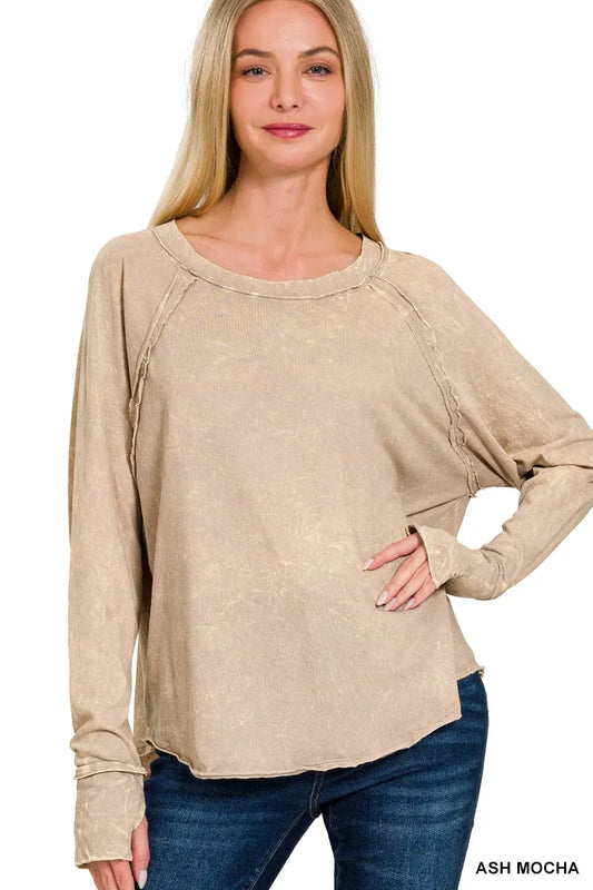 Trendsi Zenana Crinkle Washed Thumb Hole Cuffs Long Sleeve Top ASH MOCHA