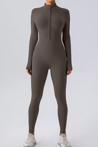 Half Zip Mock Neck Active Jumpsuit Dark Gray Easy Apparels