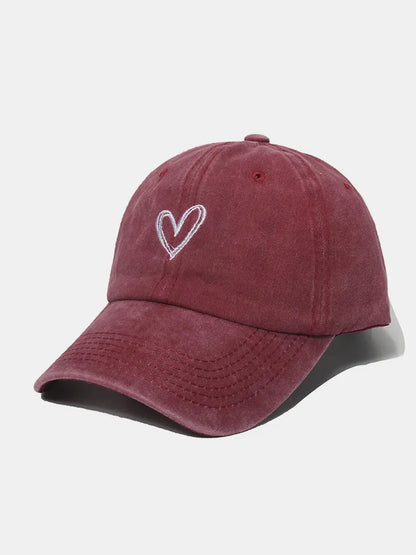 Embroidered Heart Washed Cotton Baseball Cap Burgundy One Size Easy Apparels
