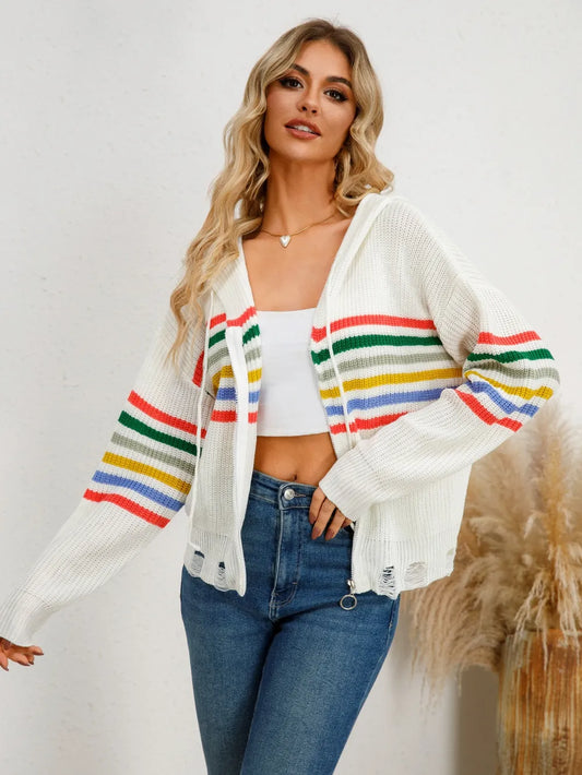 Drawstring Striped Dropped Shoulder Hooded Cardigan White Easy Apparels