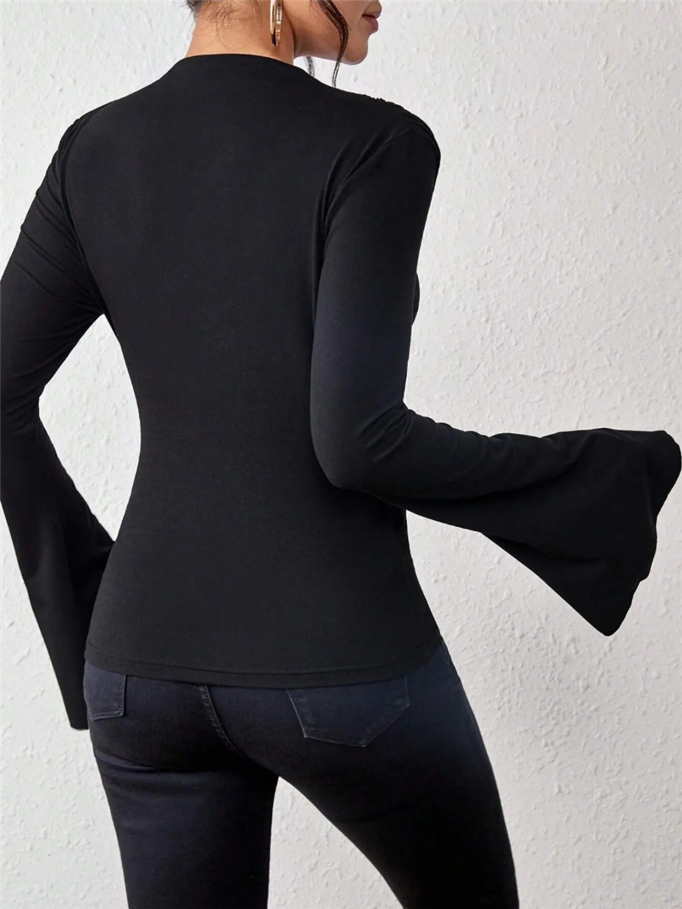 Trendsi Bell Sleeve Ruched Fitted T-Shirt with Mock Neck