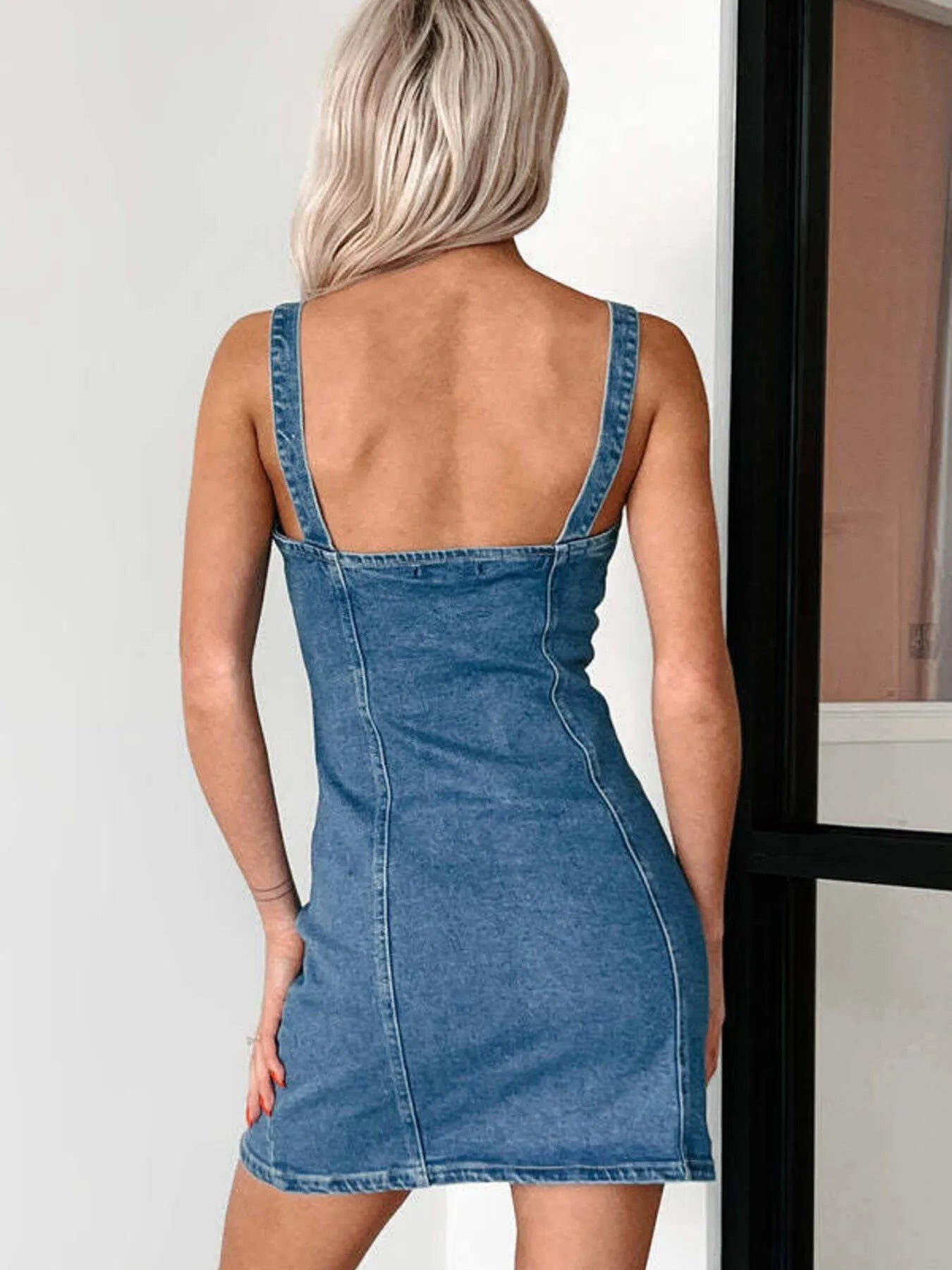Button Front Sweetheart Neck Denim Mini Dress Easy Apparels
