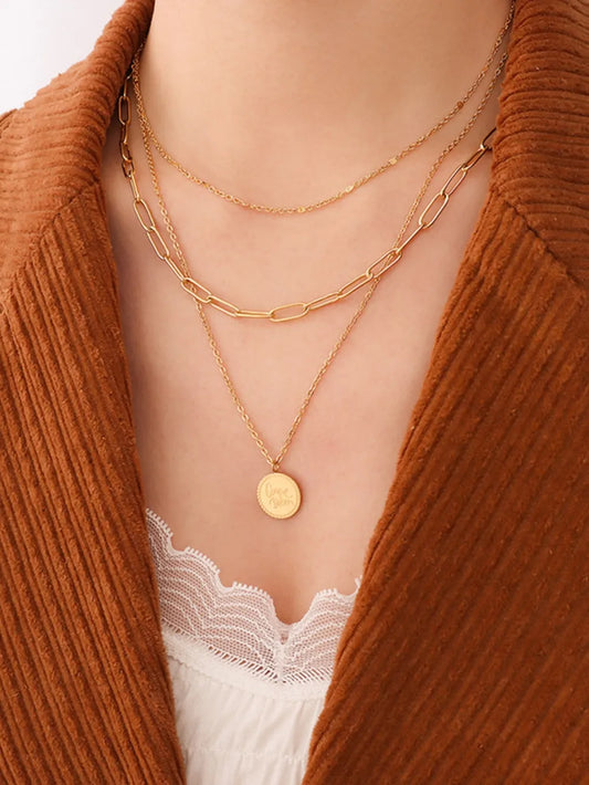 18K Gold-Plated Three-Layered Engraved Necklace Gold One Size Easy Apparels