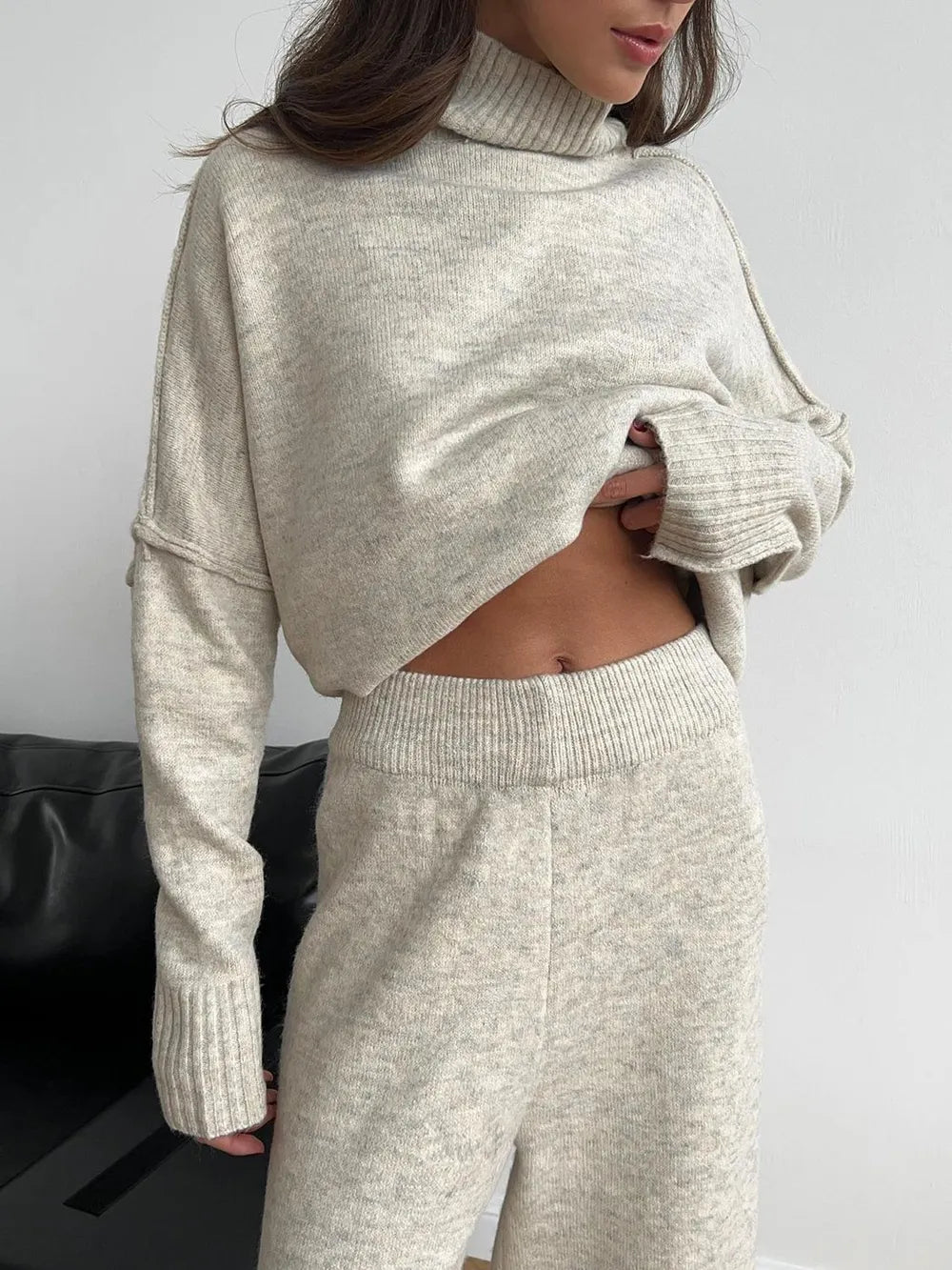 Slit Turtleneck Long Sleeve Top and Pants Sweater Set Easy Apparels