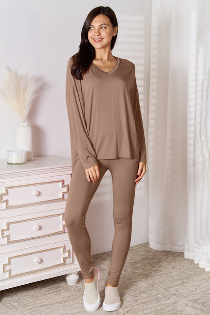 Basic Bae Full Size V-Neck Soft Rayon Long Sleeve Top and Pants Lounge Set Mocha Easy Apparels
