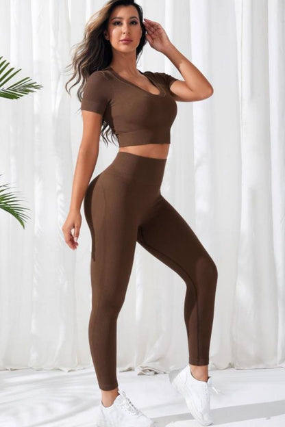 V-Neck Crop Top and High Waistband Long Active Pants Easy Apparels