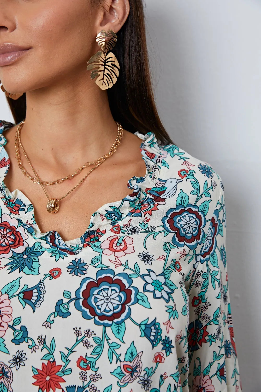 Trendsi Floral Notched Long Sleeve Blouse