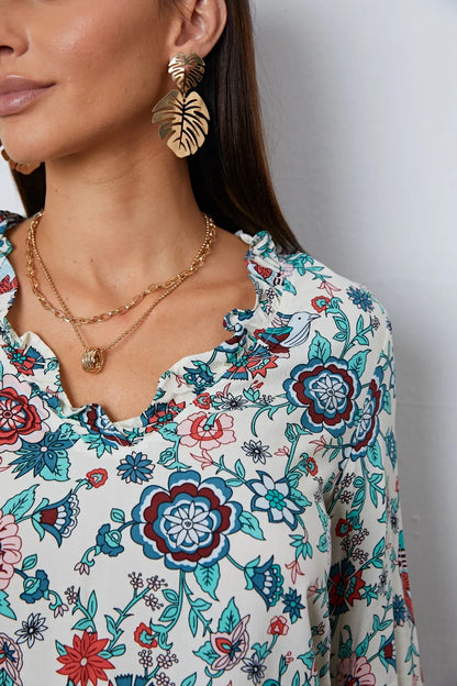 Trendsi Floral Notched Long Sleeve Blouse
