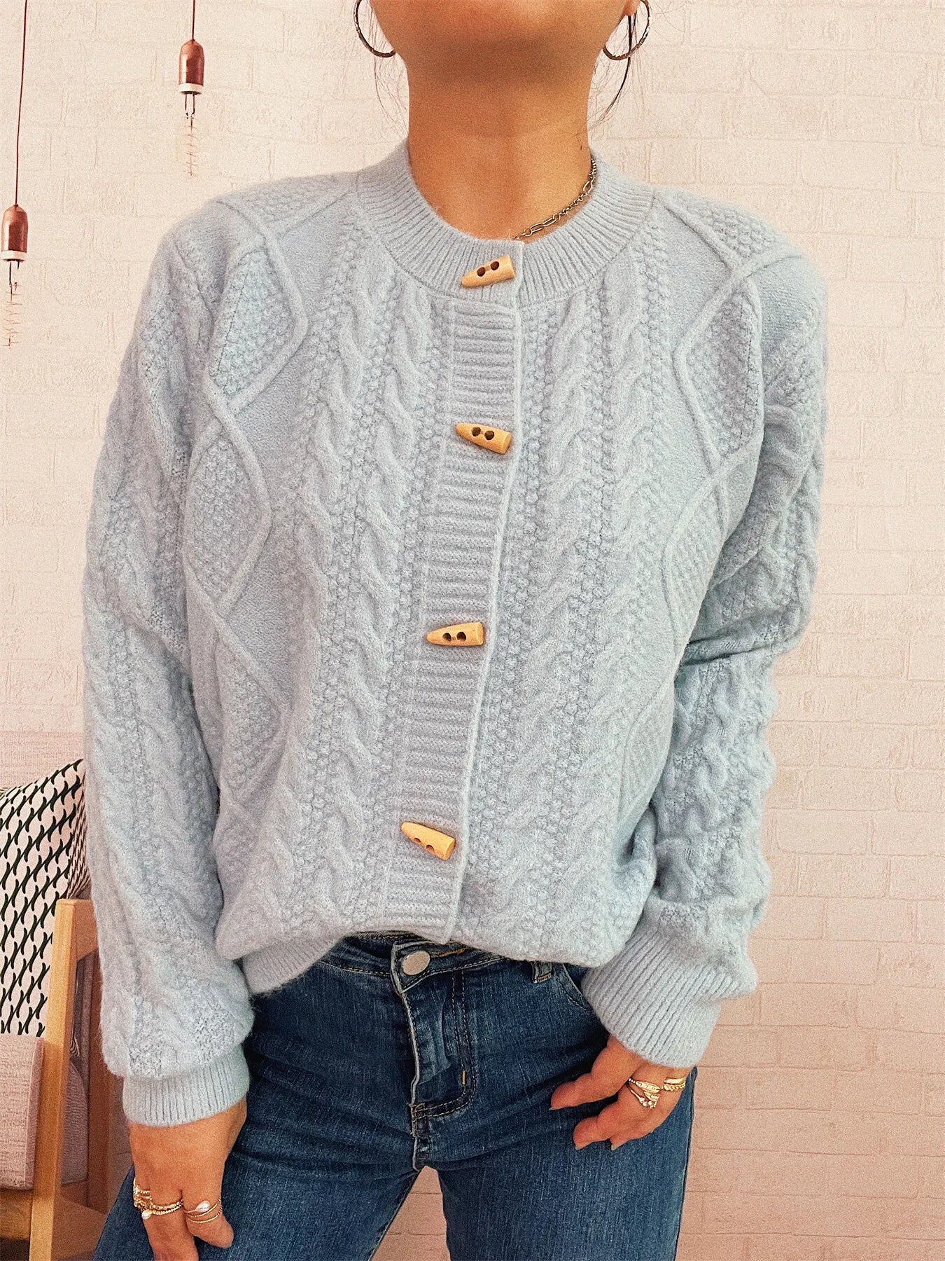Cable Knit Button-Up Cardigan Easy Apparels