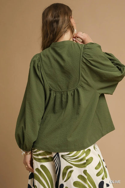 Trendsi Umgee Textured Notched Blouse with Balloon Sleeves