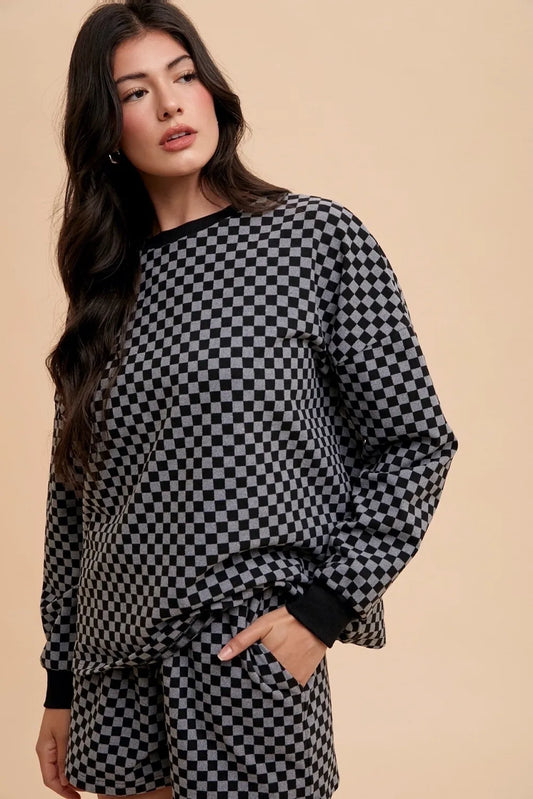 Annie Wear Checkered Round Neck Top and Drawstring Shorts Set Black Easy Apparels