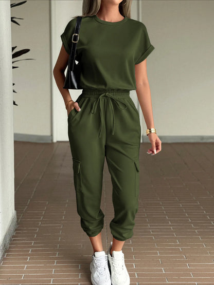 Round Neck Short Sleeve Top and Pants Set Easy Apparels