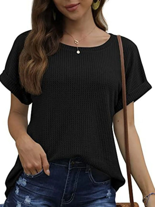 Trendsi Full Size Waffle Knit Relaxed Fit T-Shirt Plus Size Black