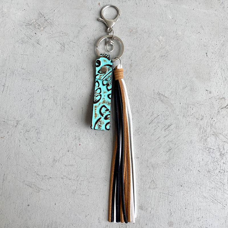Genuine Leather Tassel Keychain Aqua One Size Easy Apparels