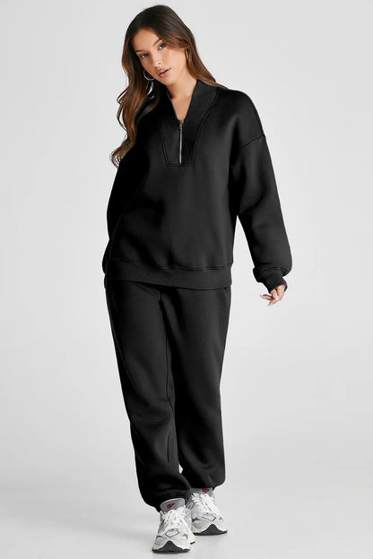 Quarter Zip Long Sleeve Top and Pants Set Easy Apparels