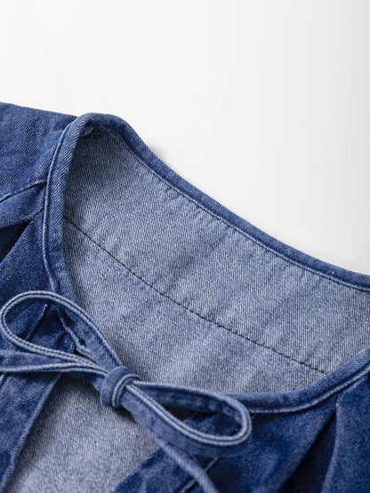 Drawstring High Waist Puff Sleeve Denim Mini Dress Easy Apparels