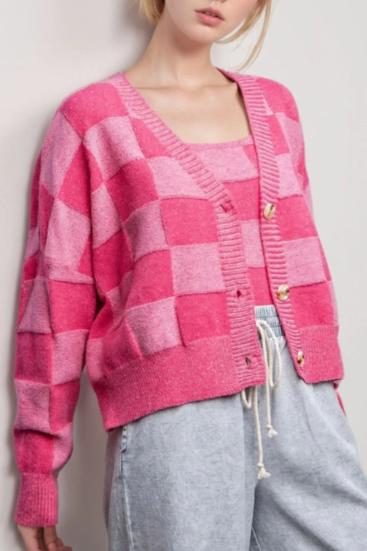 Checkered V-Neck Long Sleeve Cardigan Hot Pink Easy Apparels