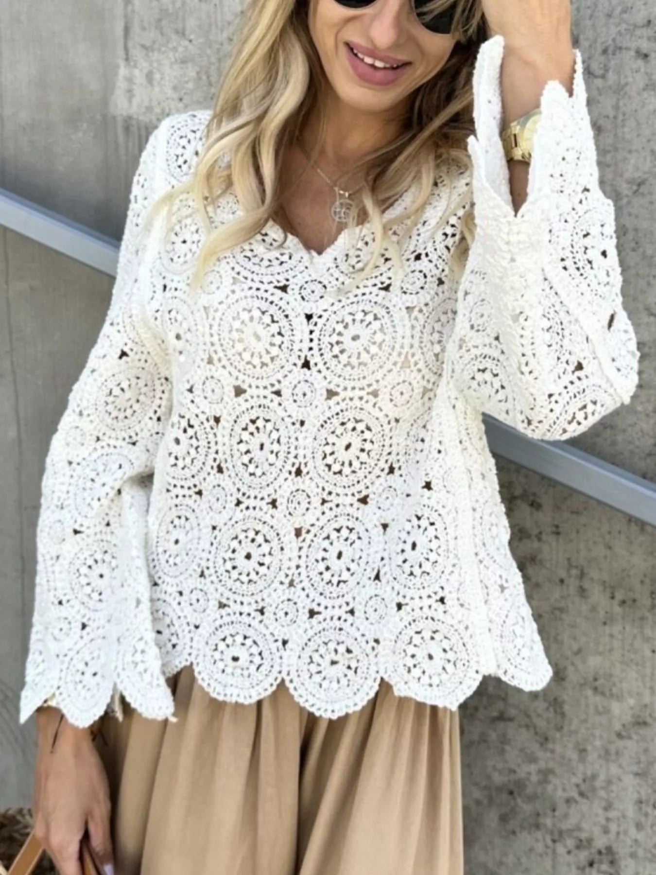 Trendsi Crochet Lace V-Neck Bell Sleeve Knit Top