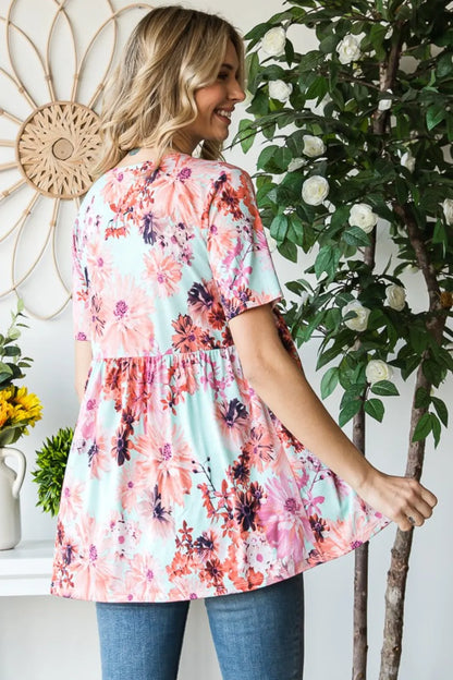 Trendsi Heimish Full Size Floral V-Neck Short Sleeve Babydoll Blouse