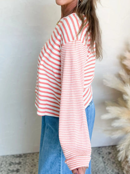 Trendsi Striped Long Sleeve Ribbed Blouse