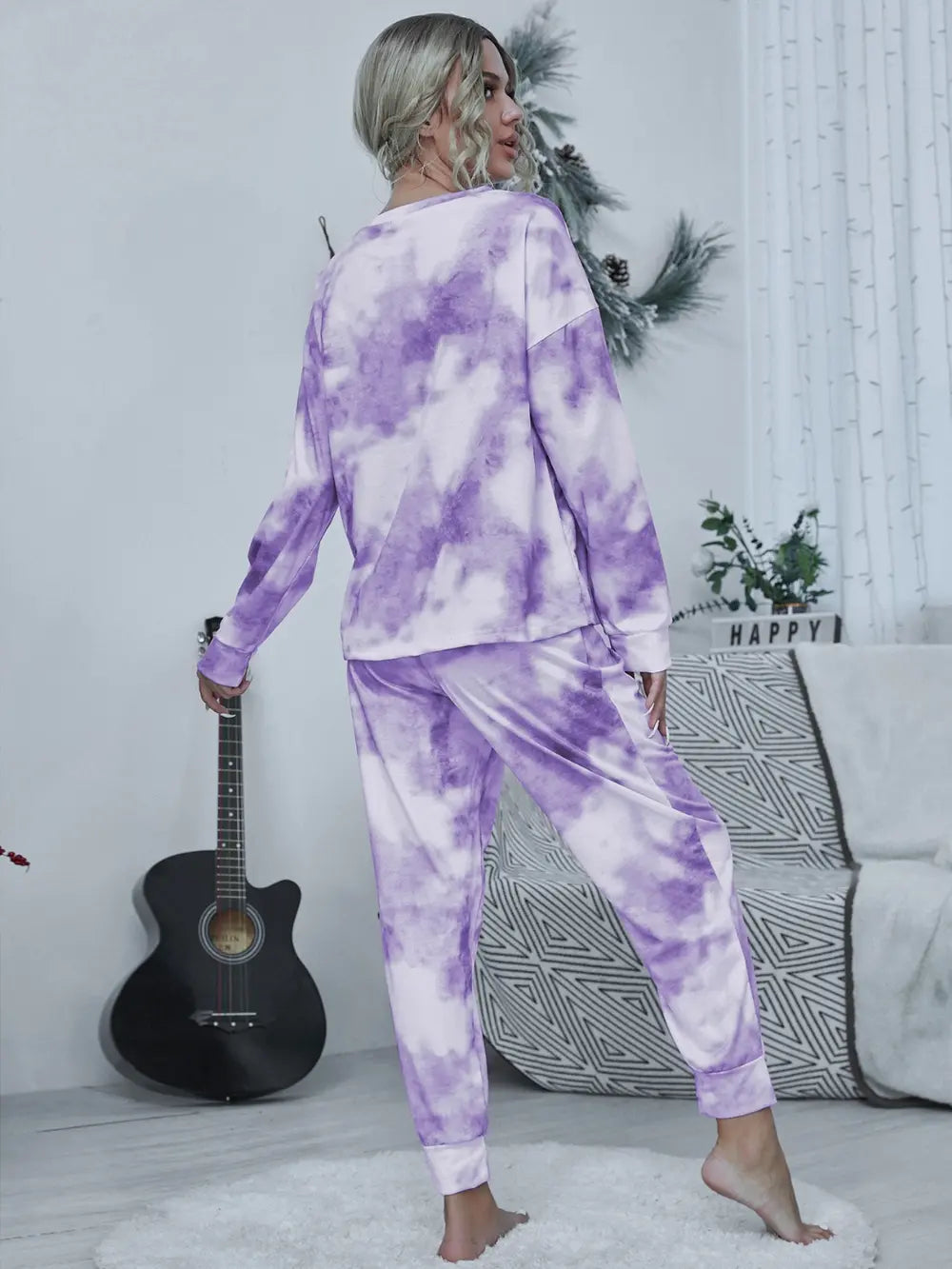 Shiny Tie-dye Round Neck Top and Drawstring Pants Lounge Set Easy Apparels